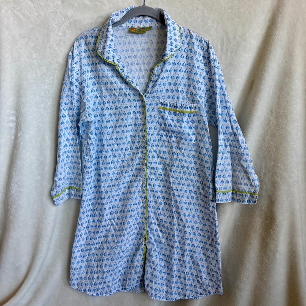 Rock Flower Paper Blue Block Print Sleep Shirt Size M Button Front Cotton Top